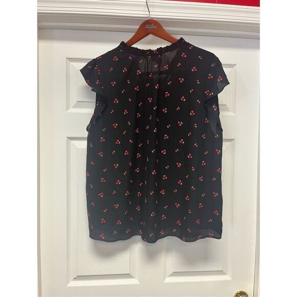 Sweet Rain Tie Front Ruffle Neck Flutter Sleeve Black Cherry Print Blouse sz 3X - Picture 6 of 7